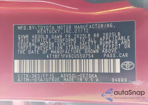 2012 Toyota Camry Se from USA, damaged, VIN 4T1BF1FK6CU550754